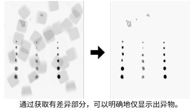 通过获取差异部分，可以明确地仅显示出异物